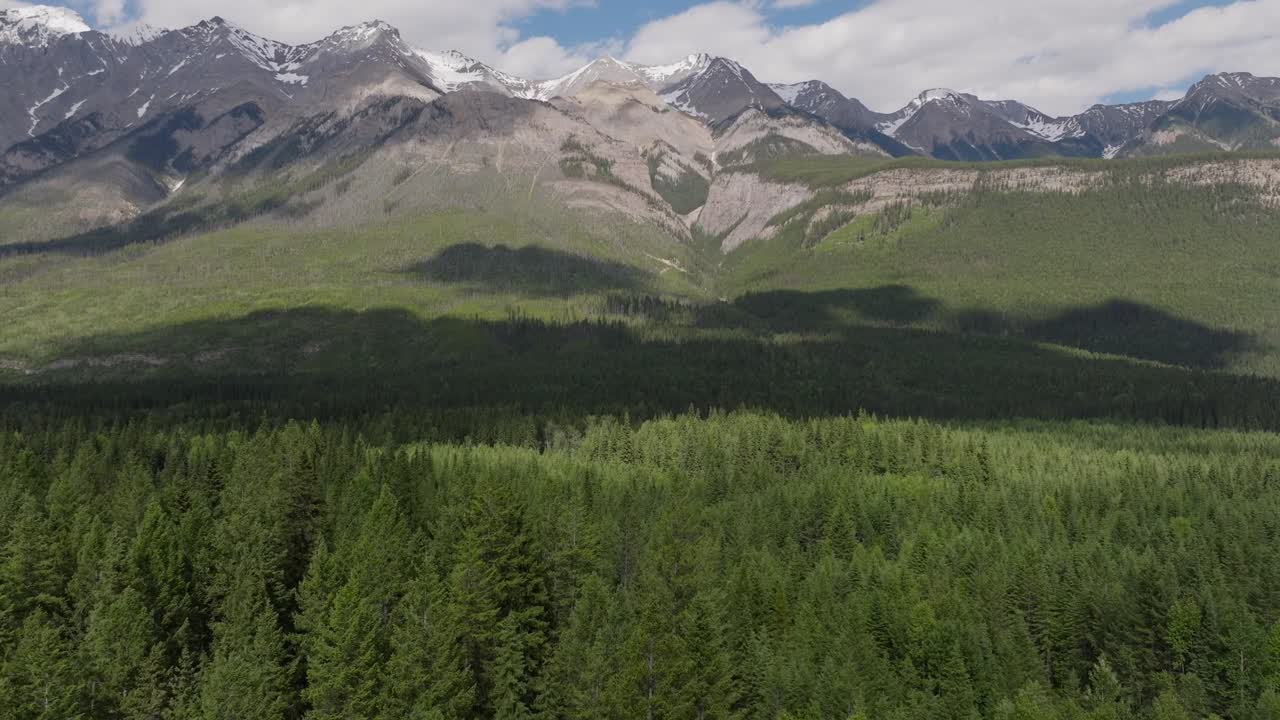 drone que se eleva revelando altas montañas nevadas y un vasto bosque de pinos desierto cerca de banff y yoho parque nacional en canadá bajo un cielo parcialmente nublado