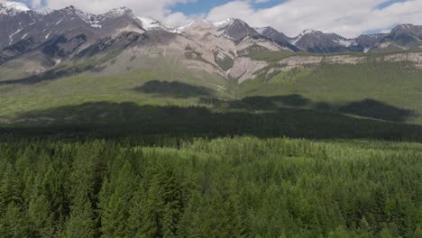 drone rising up revealing tall, snowy mountains and a vast pine forest wilderness near banff and yoho national park in canada under a partially cloudy sky