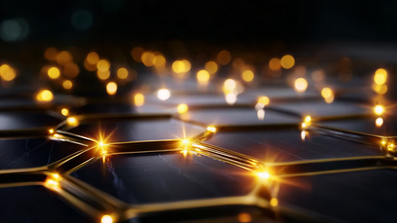 A mesmerizing close-up view of a futuristic hexagonal pattern illuminated by radiant golden lights, creating a captivating visual experience that combines technology and artistry in a stunning display
