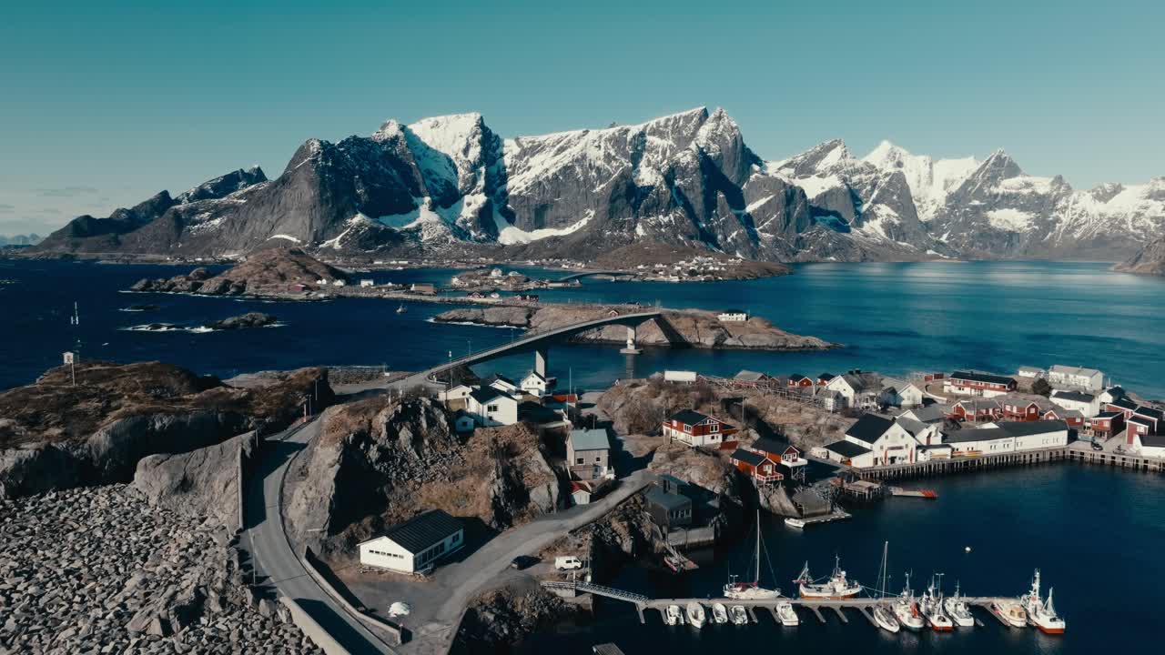 Hamnoya Fishing Village Near Reine In Moskenes Municipality, Nordland County, Norway. Aerial Drone Shot