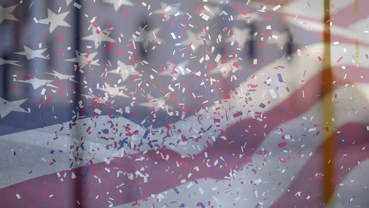 On confetti release American flag graphic waving while pieces swirling to center, celebrating event