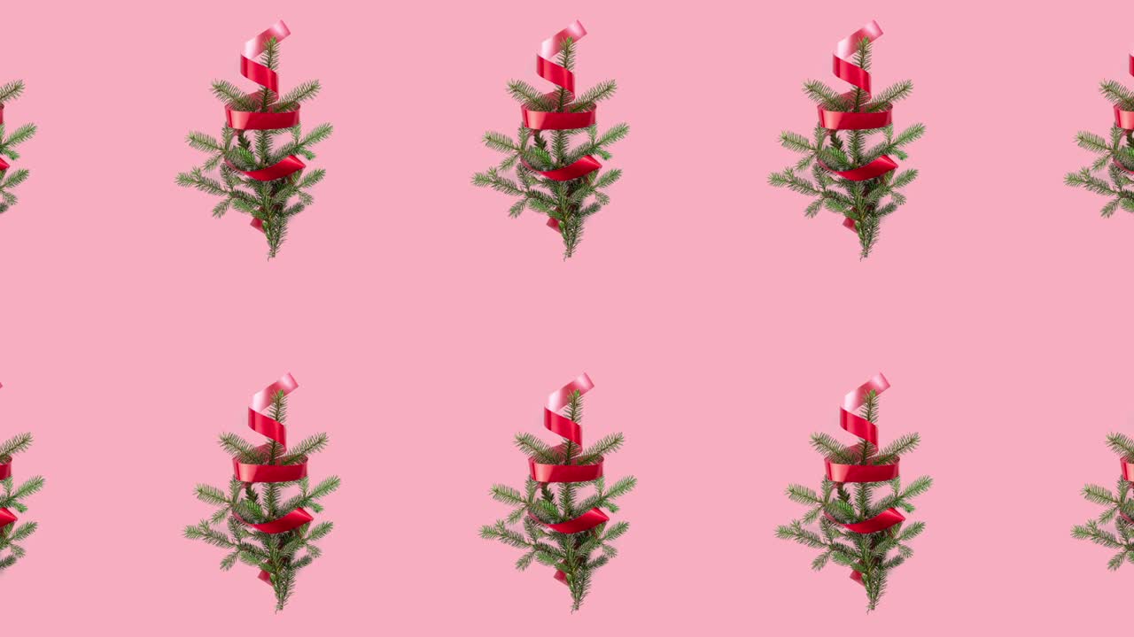 seamless pattern animation with many spruce branches and red curly ribbon. movement in two rows directions. Christmas tree and new year concept with copy space on pink pastel background