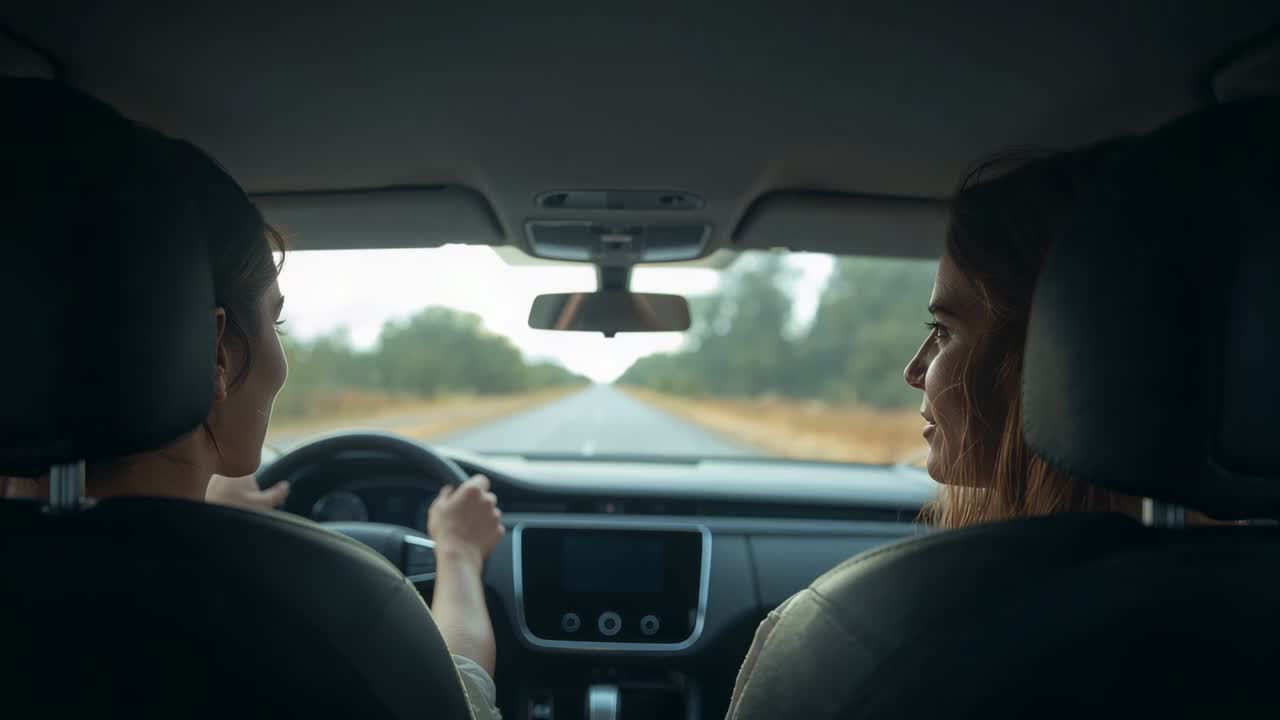 Due donne che reagiscono a una strada rurale rettilinea, conducente che stringe il volante e apporta correzioni