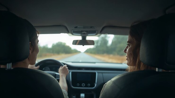 Due donne che reagiscono a una strada rurale rettilinea, conducente che stringe il volante e apporta correzioni