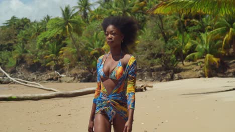 caminhando por uma praia tropical do caribe, uma garota negra, vestida de biquíni, deixa o vento tecer através de seu cabelo natural, criando um momento pitoresco de felicidade