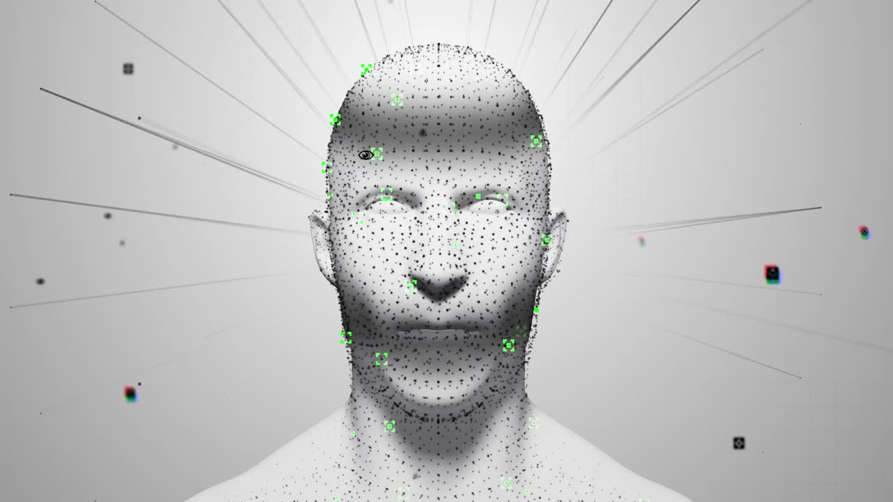 modelo de cabeza humana girando contra rastros de luz parpadeantes en un fondo blanco