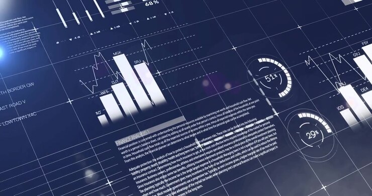 Finance dashboard displaying two pie charts, world map labels and candlestick chart, in flat design