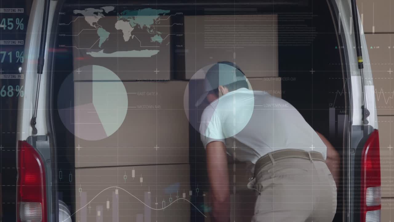 그의 배달 밴에서 상자를 제거하는 백인 배달 남자에 대한 통계 데이터 처리