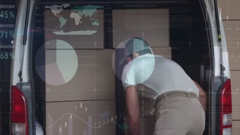 statistical data processing against caucasian delivery man removing boxes from his delivery van