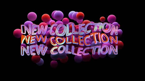 animation of new collection in bending colourful text over floating orange and purple balls on black