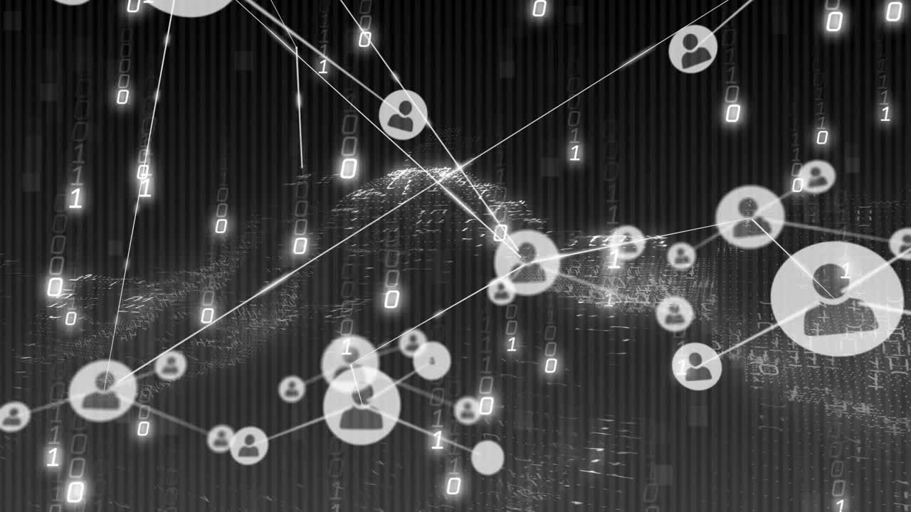 Processing binary data, animation of network connections over digital landscape