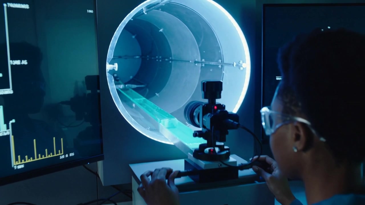 Placing-on-stage, tech at bench in coat goggles tuning camera moving sample into tube, copy space