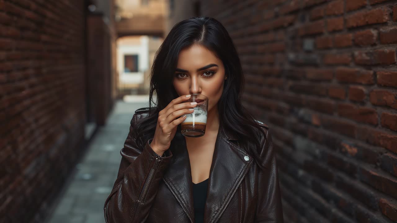 Donna che cammina in un vicolo, si avvicina alla camera, indossa una giacca di pelle, alza e sorseggia un latte macchiato schiumoso