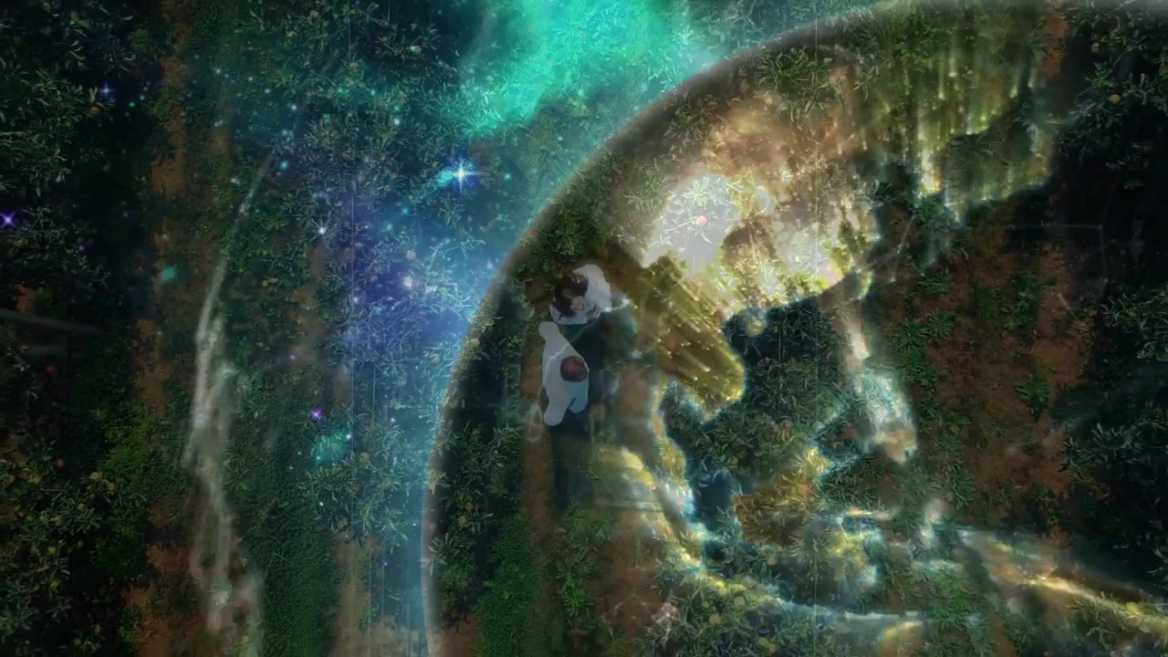 Coppia matura che cammina verso il centro, un arco si espande in una sfera avvolgendoli in una luce tecnologica dorata