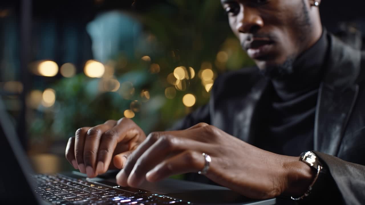 Focused Individual Engaged in Typing on Laptop in a Cozy Environment with Bokeh Effect from Surrounding Lights and Natural Elements in the Background