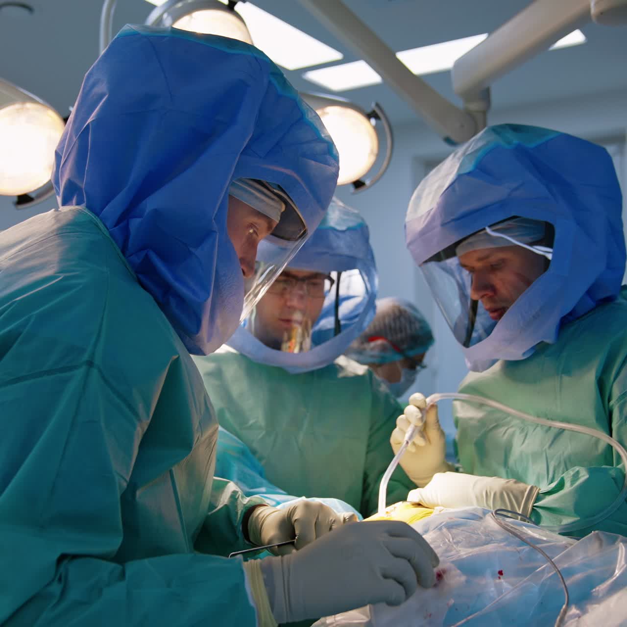 Arthroscopic operation performed by the specialists. Uniformed surgeons cooperate at procedure