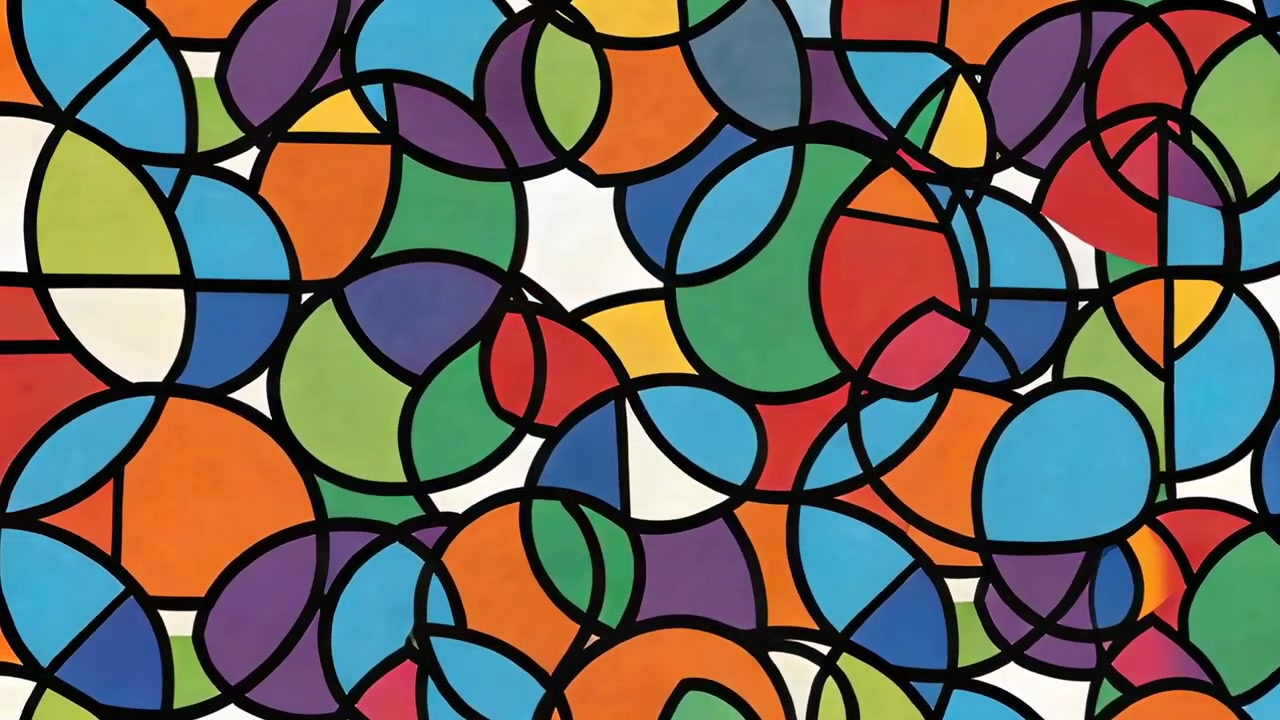 Mosaic of circles shifting on play with translucent overlaps to form dense panel with black lines