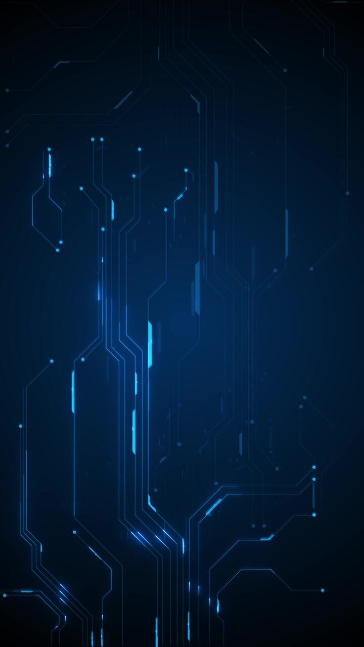 Circuito stampato blu scuro con tracce elettroniche luminose, layout tecnologico futuristico e spazio centrale vuoto.