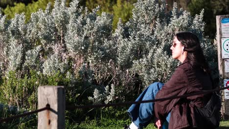 girl sitting by bushes, enjoying the view