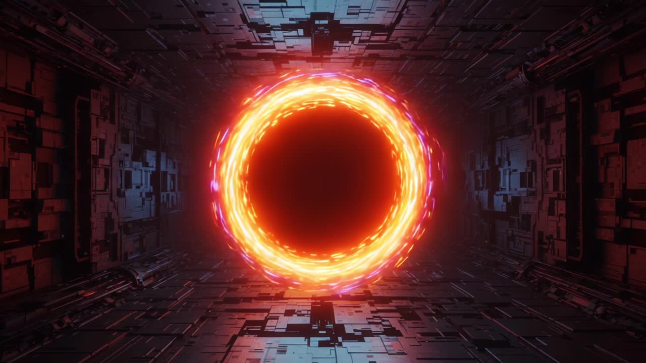 A Stunning Visualization of a Luminous Circular Portal within a Futuristic Digital Environment, Showcasing Vibrant Colors and Intricate Geometric Patterns