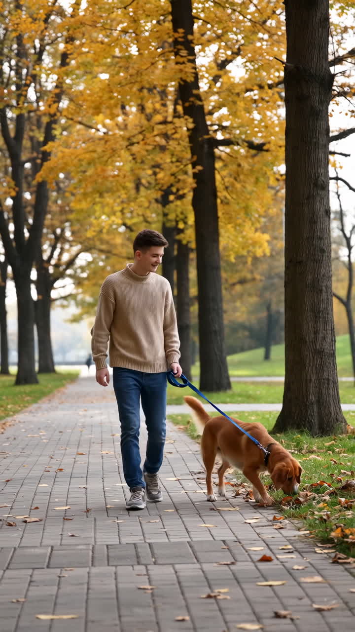 Young man walking his dog in an autumn park