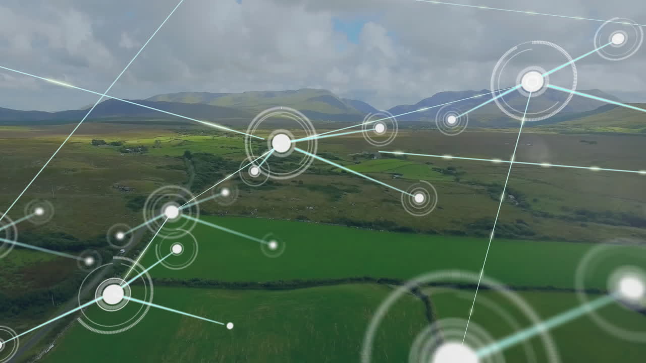 Data processing animation over landscape showing network of connections