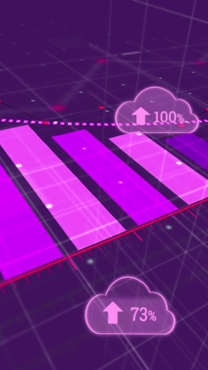 Animation of statistics recording and digital clouds with percent growing on purple background