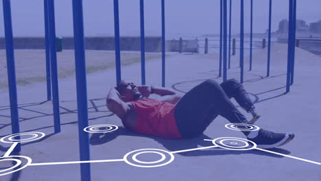 Animation of growing communication network over male athlete with prosthetic leg exercising outdoors