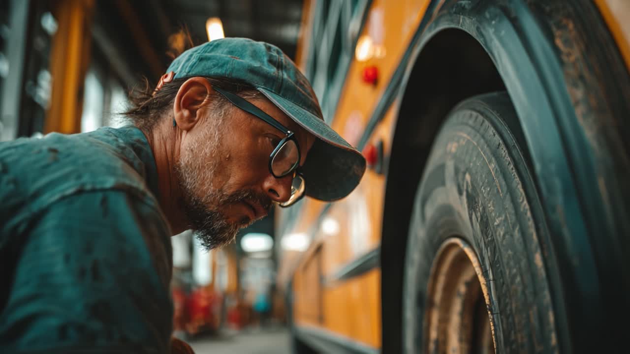 A Dedicated Mechanic Inspecting the Tire of a School Bus in a Workshop, Ensuring Safety and Maintenance Through Close Examination and Attention to Detail