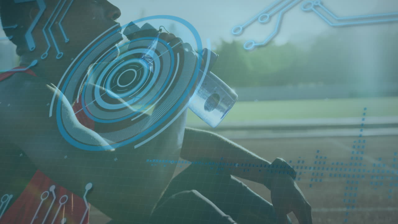 러닝 트랙에서 러닝 블레이드를 가진 장애인 남성 운동 선수에 대한 디지털 데이터 처리 애니메이션