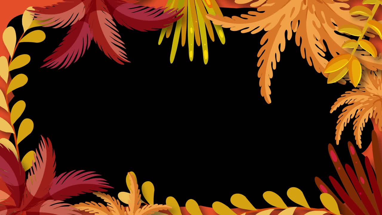 Stylized orange and red autumn leaves form a decorative border, smoothly animating around a central black screen. Flat vector style with seamless movement