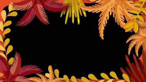 stylized orange and red autumn leaves form a decorative border, smoothly animating around a central black screen. flat vector style with seamless movement