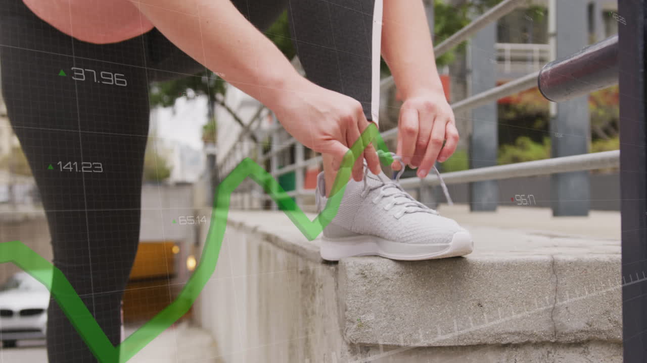 Animation of data processing over caucasian woman exercising and tying shoe laces