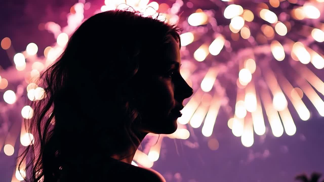 silueta de una mujer viendo un espectáculo de fuegos artificiales por la noche
