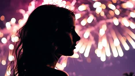 silhouette of woman watching fireworks display at night