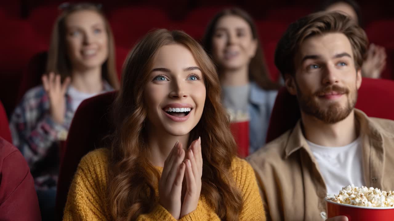 Captivated Audience Enjoying a Movie Experience in a Theater with Expressions of Anticipation and Delight - A Moment of Shared Emotion and Enjoyment