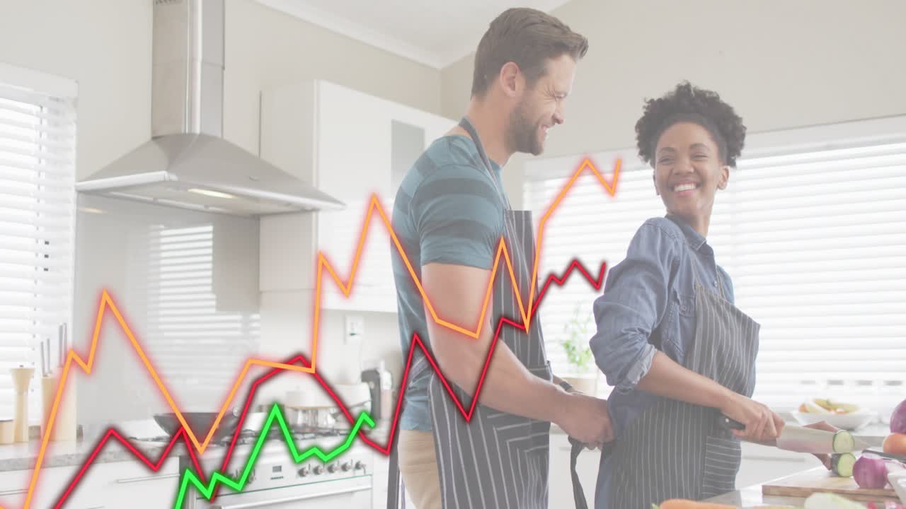 Home cooks slicing vegetables for meal prep causing animated graphs rising and spiking with smiles