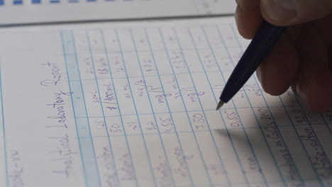 hand of scientist recording experimental data on laboratory report