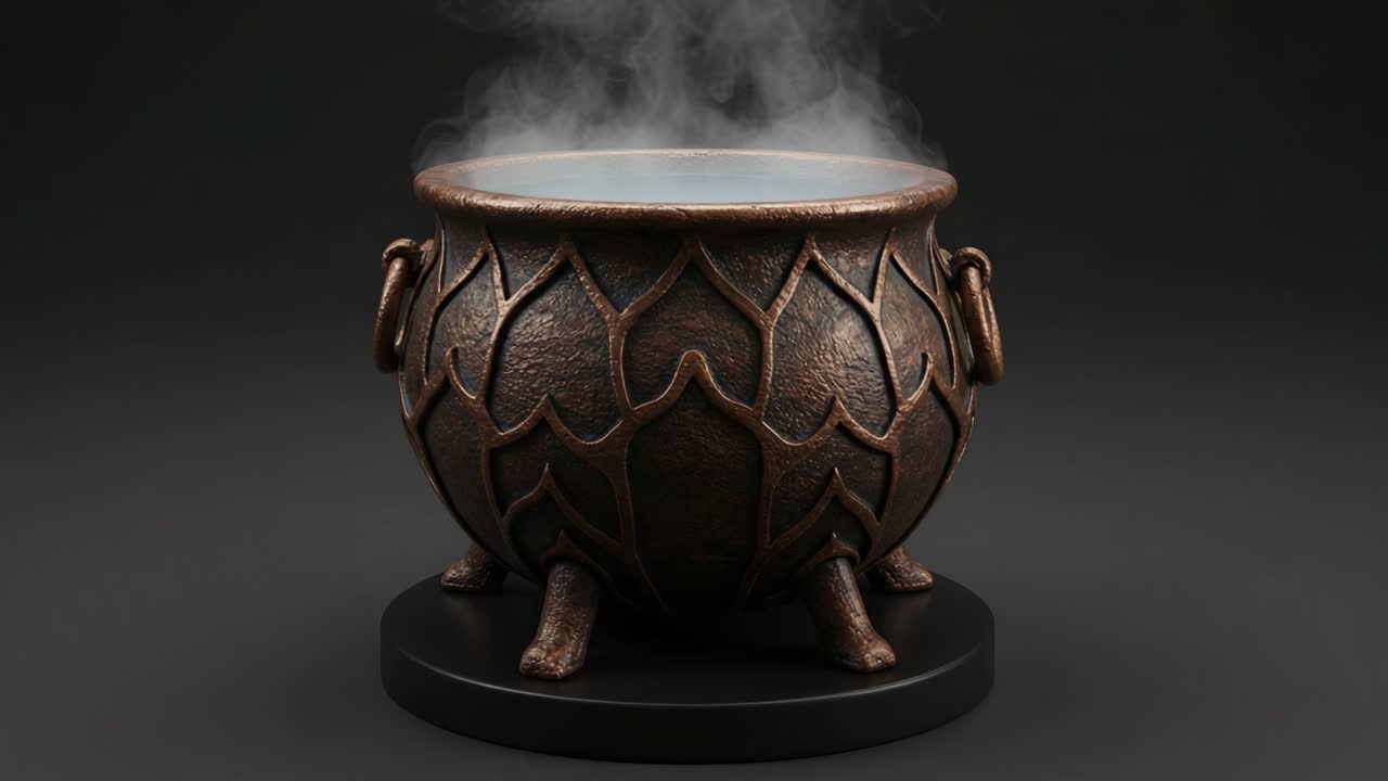 A Mysterious Cauldron Exuding Wisps of Smoke, Captured in Two Frames, Embodying Enchantment and Intrigue