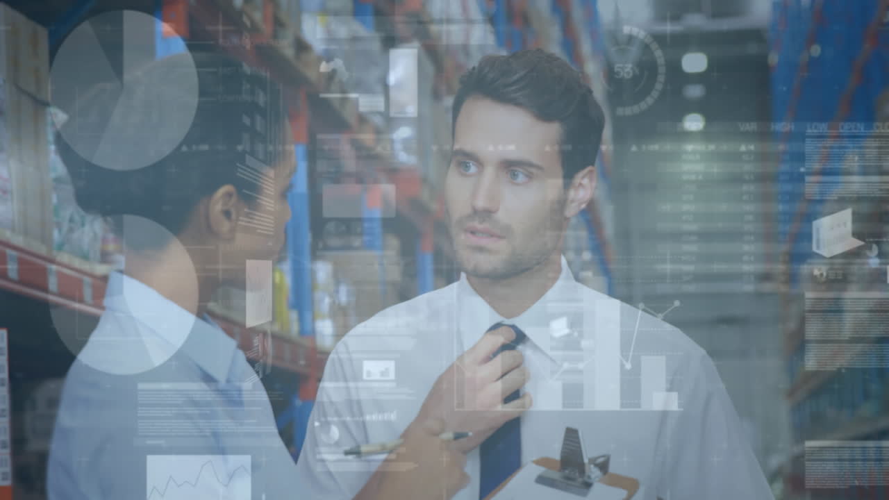 animación de estadísticas y procesamiento de datos financieros sobre hombres y mujeres que trabajan en almacenes