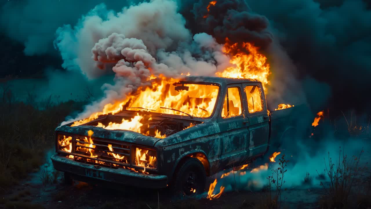 un camión quemado en llamas en el medio de un campo