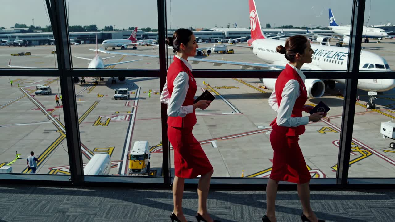 Two flight attendants in red uniforms walk through an airport terminal