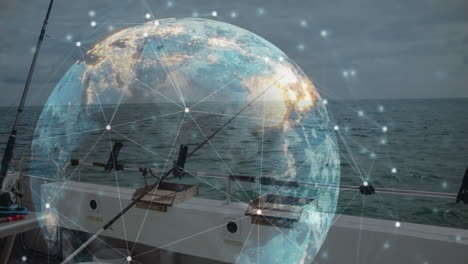 fishing boat on ocean with digital globe and network connections animation