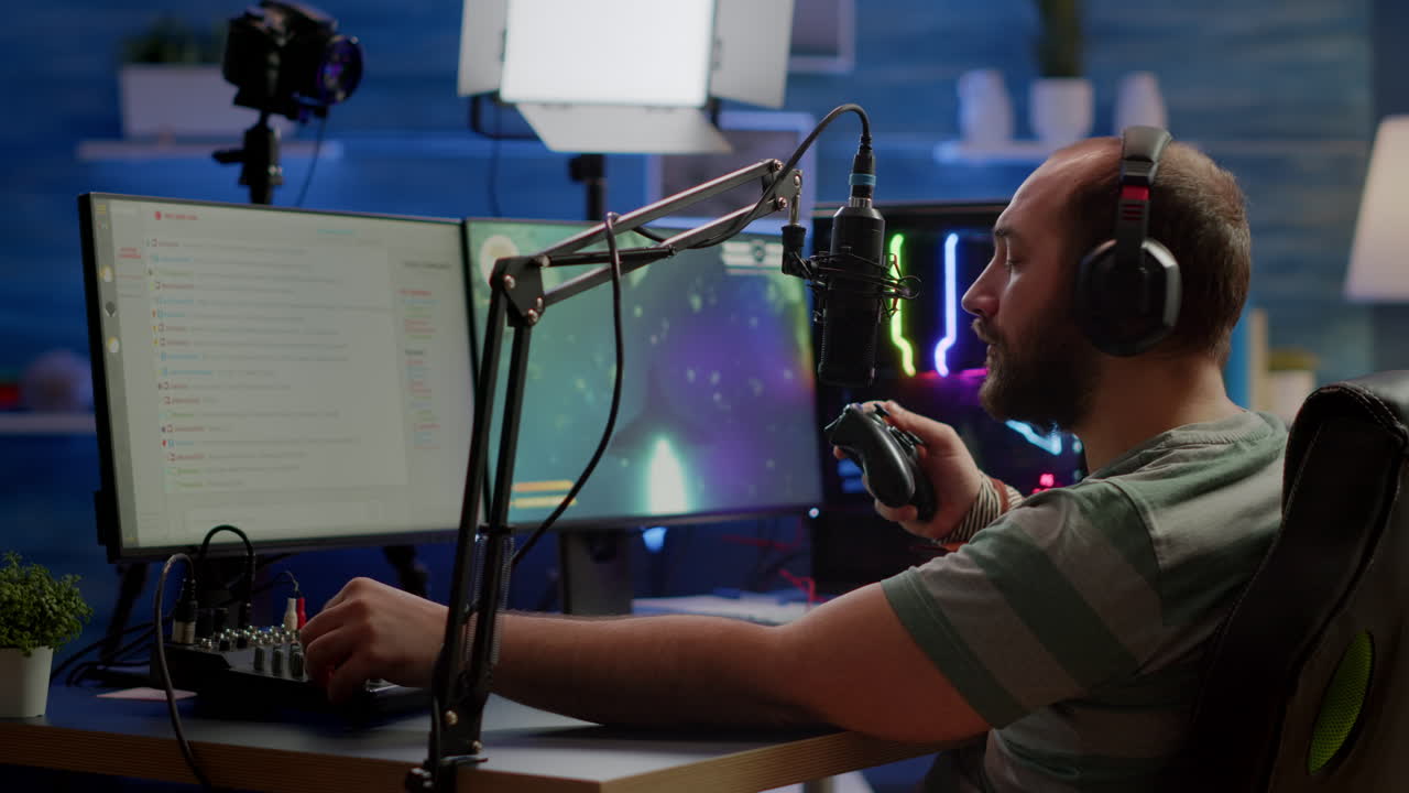 jugador concentrado jugando un juego de disparos en una competencia de juegos