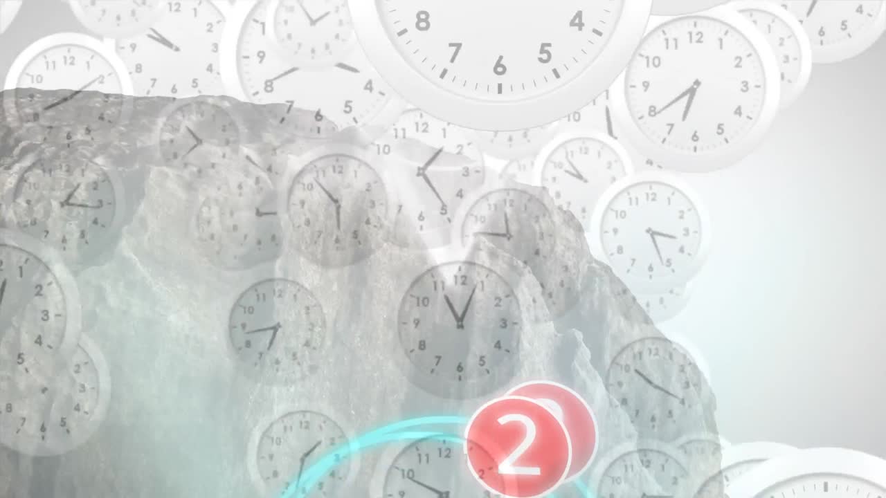 Animation of multiple clocks moving over rock on white background