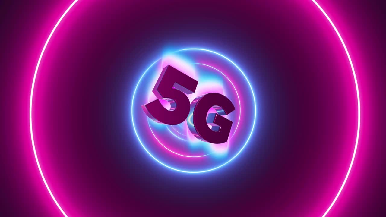 simbol 5g con fondo abstracto, luces de neón en forma de círculo animación en bucle.