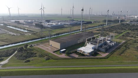high voltage station infrastructure in the eemshaven, the netherlands. aerial drone view.