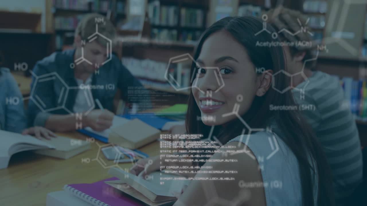 Animación de una fórmula química y procesamiento de datos sobre diversos estudiantes aprendiendo en una biblioteca.