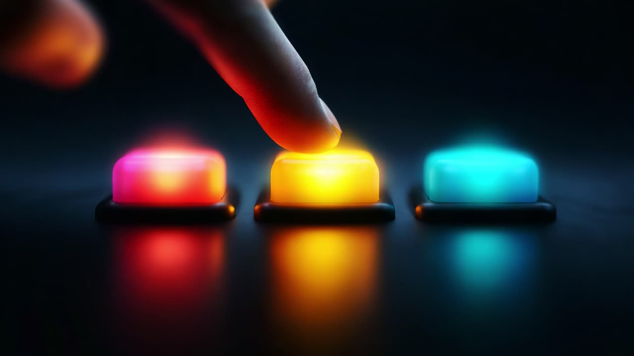 A close-up view of a finger hovering over glowing buttons, showcasing a dramatic play of vibrant colors. The scene highlights interaction with modern technology and design aesthetics