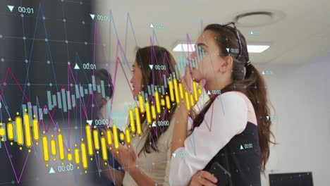 Animation of graph processing data over diverse female colleagues brainstorming at casual office
